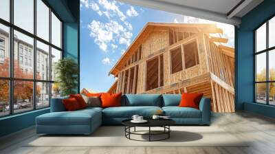 Wooden frame structure of a new residential home under construction against a cloudy blue sky Wall mural