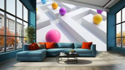 Abstract maze with colorful spheres on white blocks. Generative AI image Wall mural