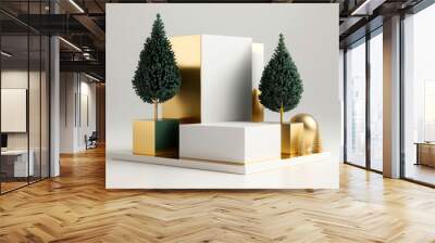 Generative AI illustration of a modern abstract christmas composition with geometric gold and green shapes, green trees, and spherical gold color element against a gray background Wall mural