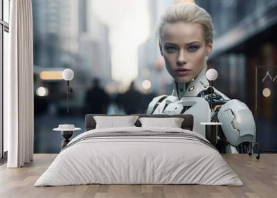 Generative AI illustration of blonde female cyborg adorned with sleek white armor stands confidently against a bustling city street backdrop Wall mural