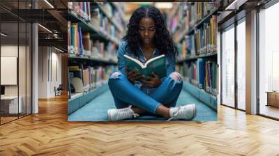 Generative AI illustration of focused black woman sits on the carpeted floor of a library, intently reading a green book between the stacks Wall mural