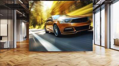 Generative AI illustration of golden coupe car driving at high speed on a forest-lined road with sunlight and motion blur Wall mural