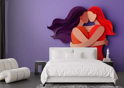 Two women embracing in vibrant paper art style. Generative AI image Wall mural