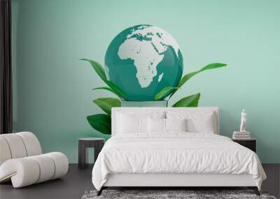 Earth-shaped light bulb and leaves. 3d rendering Wall mural