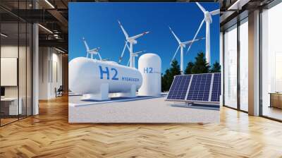 h2 hydrogen tank, solar panels and wind power turbines, 3d rendering Wall mural