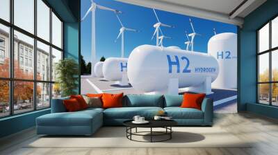 h2 hydrogen tank and wind power turbines, 3d rendering Wall mural