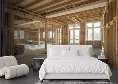 A glimpse into a house under construction showcasing exposed beams wooden framing and large windows with the sunlight streaming in Wall mural