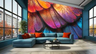 Close-up of iridescent blue, red, and orange bird feathers with glitter Wall mural