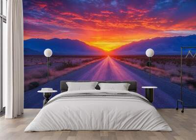 Desert Road Leading to a Mountainous Sunset Wall mural