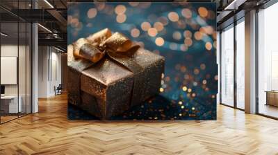 Elegantly wrapped gold gift box with a shiny ribbon against a backdrop of twinkling lights Wall mural