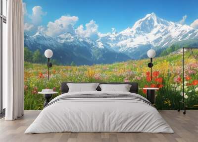 Mountainous Landscape with a Field of Wildflowers Wall mural