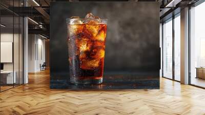 Refreshing iced cola with ice cubes in a glass. Close up of cold drink, perfect for summer or hot weather. Wall mural