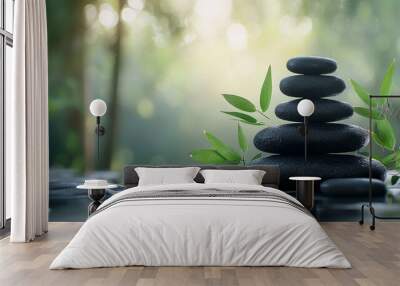 Stacked Black Stones with Green Leaves in a Tranquil Setting Wall mural