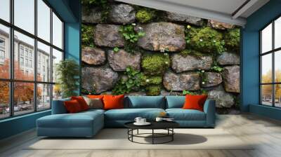 Stone Wall Covered in Greenery and Flowers Wall mural