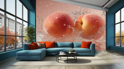 Two Peaches Splashing in Water with a Pink Background Wall mural