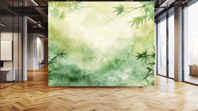 Watercolor painting of bamboo leaves and branches on a gradient green background with a painterly, textured look. Wall mural