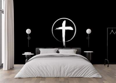 cross logo, Christianity symbol of Jesus Christ. Natural black and white brush strokes with Circle Design Template Wall mural