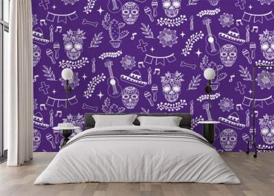 day of the dead skull hat flower decoration background dia de muertos seamless pattern Wall mural