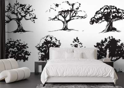 Big set of hand drawn tree sketches on white background Wall mural