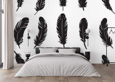 Set of feather silhouettes on white background Wall mural