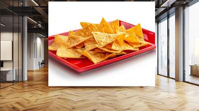 corn nachos on red plate isolated on white background doritos concept Wall mural