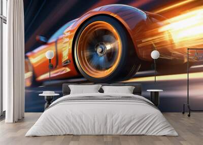 fast moving sport car on highway wallpaper Highway . Powerful acceleration of a supercar illustration . Closeup poster Wall mural