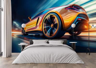 fast moving sport car on highway wallpaper Highway . Powerful acceleration of a supercar illustration . Closeup poster Wall mural