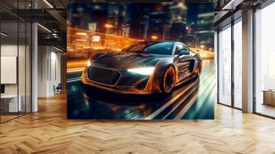 Futuristic Sports Car On Neon Highway wallpaper. Powerful acceleration of a supercar on a night track with colorful lights and trails.  illustration. Generative Ai Wall mural