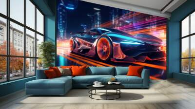 Futuristic Sports Car On Neon Highway wallpaper. Powerful acceleration of a supercar on a night track with colorful lights and trails.  illustration. Generative Ai Wall mural