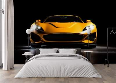 yellow generic sports car in a dark studio background illustrated with generative AI Wall mural