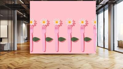 Spring creative pattern with pastel pink fork, white flower heads and leaves on pastel pink background. 80s or 90s aesthetic fashion food restaurant concept. Minimal romantic summer idea. Wall mural