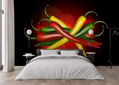 Chili peppers vector poster. Hot green, yellow and red chili peppers. Seasoning and spice. Wall mural