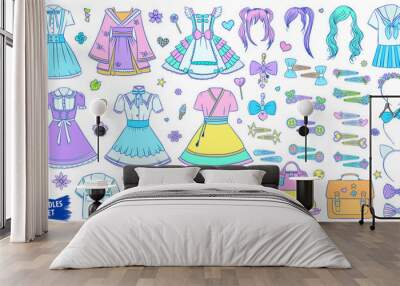 Harajuku fashion. Japanese teenagers style. Harajuku style doodles set. Cute. Trendy. Kei. Bow. Girly clothes. Decora. Kawaii. Hair asseccories. Wigs colorful. Bags. Hair pins. Head band. Wall mural