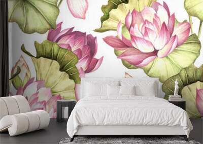 Seamless pattern with lotus. Hand draw watercolor illustration. Wall mural