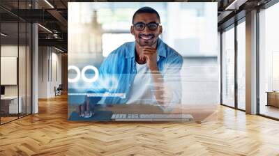 Smile, screen and portrait of a man with software for coding, website development and programming. Work, happy and a professional programmer working on analytics, code algorithm and research Wall mural