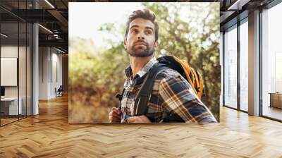 Taking in all the views as he walks. Cropped shot of a handsome young man hiking in the mountains. Wall mural