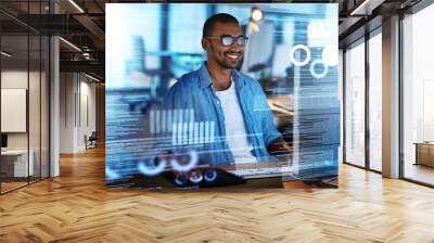 His new program is running smoothly. Shot of a happy computer programmer working on new software at his computer. Wall mural