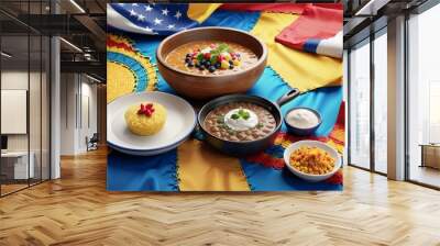 A table with a blue and yellow blanket with a variety of food on it and National hispanic heritage month concept. Generate AI Wall mural