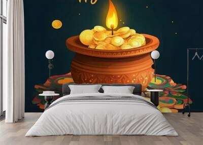 A clay pot with a lit candle and gold coins on a colorful mandala, with the text 'Happy Dhanteras'. Wall mural