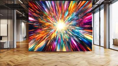 Abstract colorful light beams radiating outward from a bright center. Wall mural