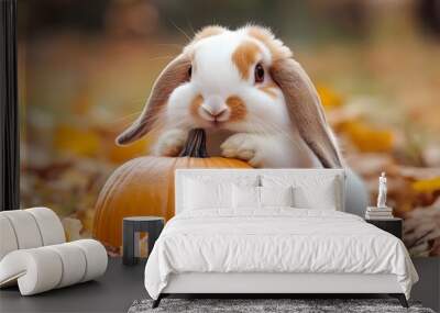 Adorable white rabbit with brown patches sits with a pumpkin in autumn leaves. Wall mural