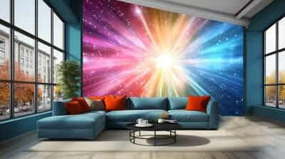 Colorful light beams radiating from a bright center in a starry night sky. Wall mural