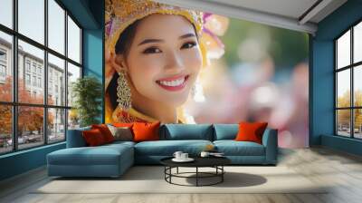 Smiling performer in vibrant cultural attire. Wall mural