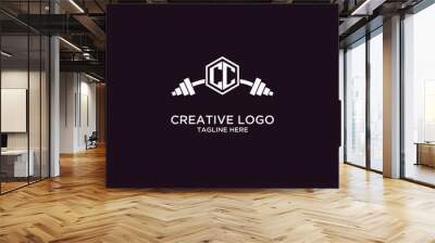 CC initial monogram for fitnes or gym logo with creative shield and barbell design Wall mural