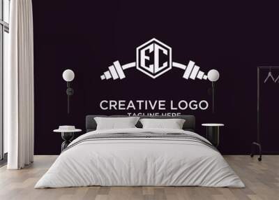 EC initial monogram for fitnes or gym logo with creative shield and barbell design Wall mural