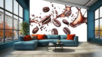 Flying coffee beans with coffee splash, isolated transparent background Wall mural