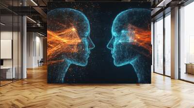 Abstract digital art of two intertwined human heads with glowing energy streams Wall mural