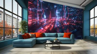 Abstract Digital Cityscape with Glowing Lines and Bokeh Lights Wall mural