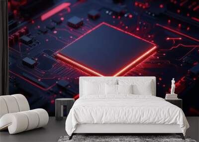 Red Illuminated CPU Chip on Motherboard Wall mural