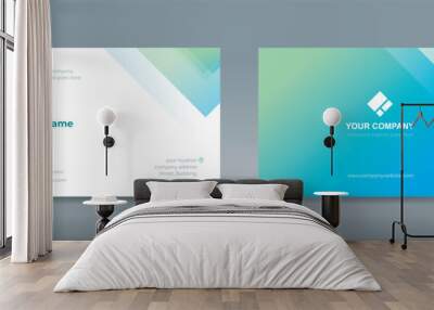 Set of double sided business card templates with illustrations of randomly stacked transparent blue and green triangles on a blue-green and white background Wall mural